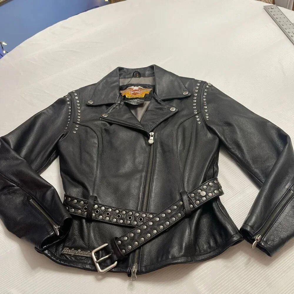 Harley Davidson Women’s Black Leather Motorcycle Studded Jacket Size Small